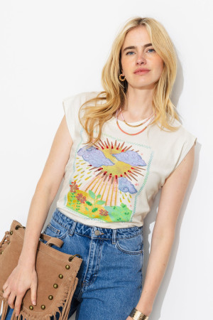 Promod T-shirt à motif brodé Femme Imprimé écru