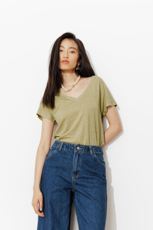 Promod T-shirt uni col V Femme Vert