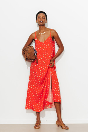 Promod Robe longue à pois Femme Imprimé rouge
