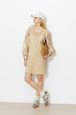 Promod Robe en jean brodé Femme Ecru