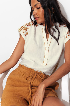 Promod Blouse brodée en gaze de coton Ecru 48