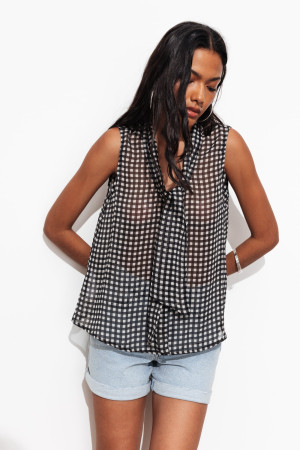 Promod Blouse lavallière sans manches Carreaux noirs 46