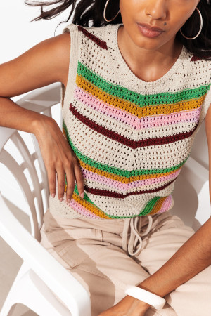 Promod Pull sans manches en crochet Rayé écru L