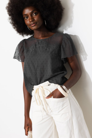 Promod Blouse en cotonnade & guipures Gris 48