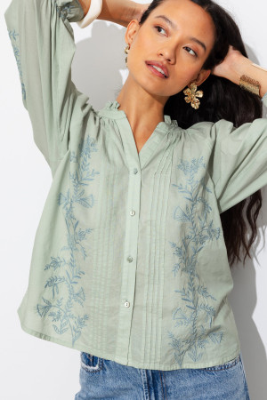 Promod Blouse à broderies fluo Femme Bleu mer du sud clair 44