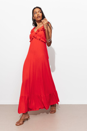 Promod Robe longue à volants Femme Rouge 38