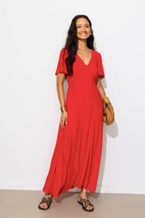 Promod Robe longue manches courtes Rouge 38