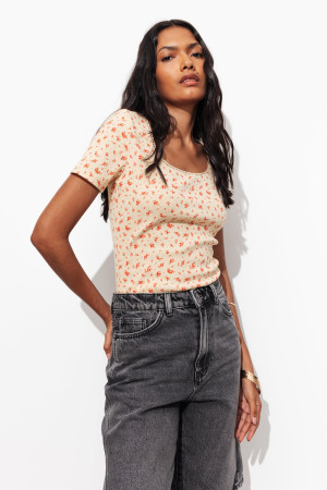 Promod T-shirt pointelle fleurette Imprimé rouge XXL