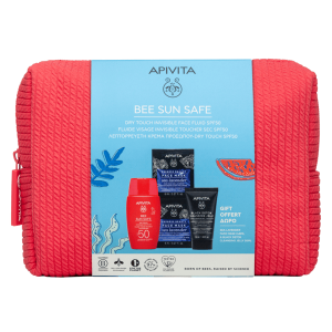 Apivita Bee Sun Safe Cofanetto PROMO Fluido Viso SPF50 In Regalo Gel Detergente Nero + Maschera Viso + Pochette