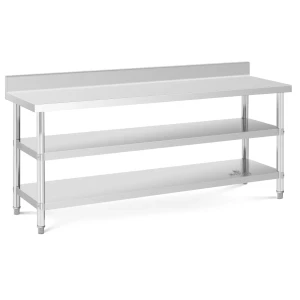 Royal Catering Pracovný stôl z nehrdzavejúcej ocele - s lemom - 200 x 60 x 16,5 cm - 500 kg - 2 police 10012662