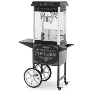 Stroj na popcorn s vozíkom - 1500 W - 5 kg/h - retro dizajn - 195 / 235 °C - čierna - Royal Catering 10012711