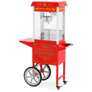 Stroj na popcorn s vozíkom - 1500 W - 5 kg/h - retro dizajn - 195 / 235 °C - červený - Royal Catering 10012713