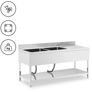 DrezovÃ½ stÃ´l - 2 umÃ½vadlÃ¡ - nehrdzavejÃºca oceÄ¾ - 180 x 70 cm - Royal Catering 10013165