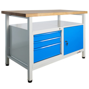 Ława warsztatowa Steinbock® Premium, 1 x półka, 3 x szuflada, 1 x drzwi, udźwig 300 kg, wys. x szer. x gł. 840 x 1200 x 600 mm, RAL 7035/5012