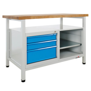 Ława warsztatowa Steinbock® Premium, 1 x półka, 3 x szuflada, 1 x sekcja regału, udźwig 300 kg, wys. x szer. x gł. 840 x 1200 x 600 mm, RAL 7035/5012