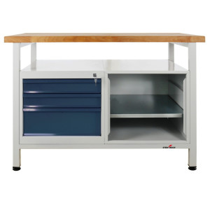 Ława warsztatowa Steinbock® Premium, 1 x półka, 3 x szuflada, 1 x sekcja regału, udźwig 300 kg, wys. x szer. x gł. 840 x 1200 x 600 mm, RAL 7035/7016