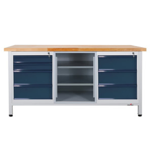 Ława warsztatowa Steinbock® Extra, 7 x szuflada, 1 x sekcja regału, udźwig 500 kg, wys. x szer. x gł. 840 x 1700 x 600 mm, RAL 7035/7016