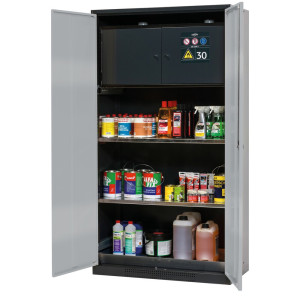 Szafa na chemikalia asecos® CS-CLASSIC-F, z sejfem typu 30, denną wanną ociekową z blachą dziurkowaną i 2 półkami, wys. x szer. x gł. 1950 x 1055 x 520 mm, kolor srebrny
