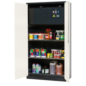 Szafa na chemikalia asecos® CS-CLASSIC-F z sejfem typu 30, denną wanną ociekową z blachą dziurkowaną i 2 półkami, wys. x szer. x gł. 1950 x 1055 x 520 mm, kolor czystobiały