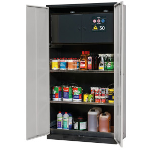 Szafa na chemikalia asecos® CS-CLASSIC-F, z sejfem typu 30, denną wanną ociekową z blachy dziurkowanej i 2 półkami, wys. x szer. x gł. 1950 x 1055 x 520 mm, jasnoszara