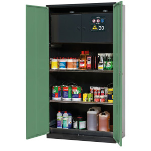 Szafa na chemikalia asecos® CS-CLASSIC-F, z sejfem typu 30, denną wanną ociekową z blachą dziurkowaną i 2 półkami, wys. x szer. x gł. 1950 x 1055 x 520 mm, kolor seledynowozielony