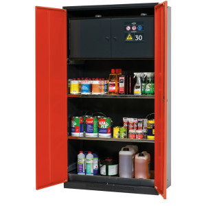 Szafa na chemikalia asecos® CS-CLASSIC-F z sejfem typu 30, denną wanną ociekową z blachą dziurkowaną i 2 półkami, wys. x szer. x gł. 1950 x 1055 x 520 mm, kolor czerwony
