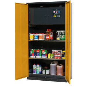 Szafa na chemikalia asecos® CS-CLASSIC-F, z sejfem typu 30, denną wanną ociekową z blachy dziurkowanej i 2 półkami, wys. x szer. x gł. 1950 x 1055 x 520 mm, kolor żółtozłoty