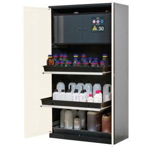Szafa na chemikalia asecos® CS-CLASSIC-F, z sejfem typu 30, wanną PP i 3 wysuwanymi półkami, wys. x szer. x gł. 1950 x 1055 x 520 mm, kolor czystobiały
