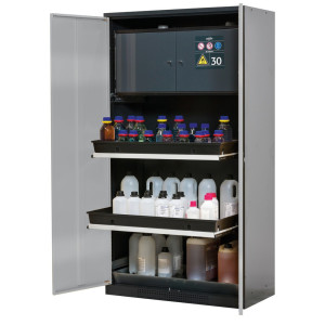 Szafa na chemikalia asecos® CS-CLASSIC-F, z sejfem typu 30, wanną PP i 3 wysuwanymi półkami, wys. x szer. x gł. 1950 x 1055 x 520 mm, kolor srebrny