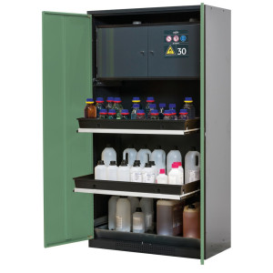Szafa na chemikalia asecos® CS-CLASSIC-F, z sejfem typu 30, wanną PP i 3 wysuwanymi półkami, wys. x szer. x gł. 1950 x 1055 x 520 mm, kolor seledynowozielony