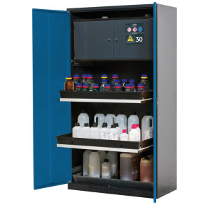 Szafa na chemikalia asecos® CS-CLASSIC-F, z sejfem typu 30, wanną PP i 3 wysuwanymi półkami, wys. x szer. x gł. 1950 x 1055 x 520 mm, kolor gencjanowy niebieski