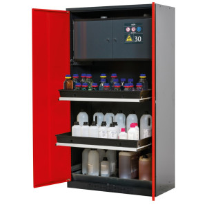 Szafa na chemikalia asecos® CS-CLASSIC-F, z sejfem typu 30, wanną PP i 3 wysuwanymi półkami, wys. x szer. x gł. 1950 x 1055 x 520 mm, kolor czerwony