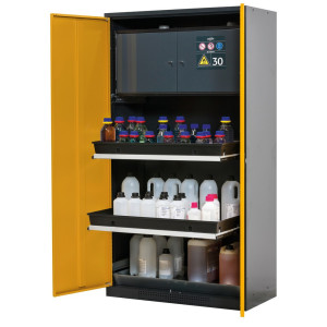 Szafa na chemikalia asecos® CS-CLASSIC-F, z sejfem typu 30, wanną PP i 3 wysuwanymi półkami, wys. x szer. x gł. 1950 x 1055 x 520 mm, kolor złotożółty