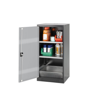 Szafa na chemikalia asecos® CS-CLASSIC, z denną wanną ociekową z błachy dziurkowanej i 2 półkami, wys. x szer. x gł. 1105 x 545 x 520 mm, srebrna