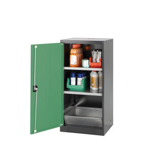 Szafa na chemikalia asecos® CS-CLASSIC, z denną wanną ociekową z błachą dziurkowaną i 2 półkami, wys. x szer. x gł. 1105 x 545 x 520 mm, kolor resedowy zielony