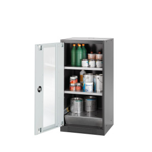 Szafa na chemikalia asecos® CS-CLASSIC, z denną wanną ociekową z błachą dziurkowaną i 2 półkami, wys. x szer. x gł. 1105 x 545 x 520 mm, jasnoszara