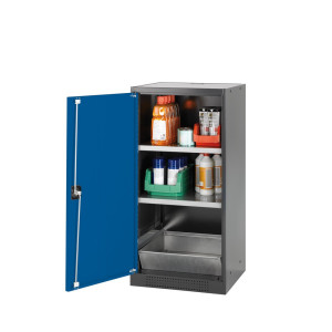 Szafa na chemikalia asecos® CS-CLASSIC, z denną wanną ociekową z błachą dziurkowaną i 2 półkami, wys. x szer. x gł. 1105 x 545 x 520 mm, kolor gencjanowy niebieski