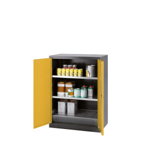 Szafa na chemikalia asecos® CS-CLASSIC, z denną wanną ociekową z blachy dziurkowanej i 2 półkami, wys. x szer. x gł. 1105 x 810 x 520 mm, kolor żółtozłoty