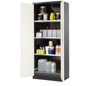 Szafa na chemikalia asecos® CS-CLASSIC, z denną wanną ociekową z blachą dziurkowaną i 3 półkami, wys. x szer. x gł. 1950 x 810 x 520 mm, kolor czystobiały