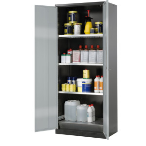 Szafa na chemikalia asecos® CS-CLASSIC, z denną wanną ociekową z blachą dziurkowaną i 3 półkami, wys. x szer. x gł. 1950 x 810 x 520 mm, kolor srebrny
