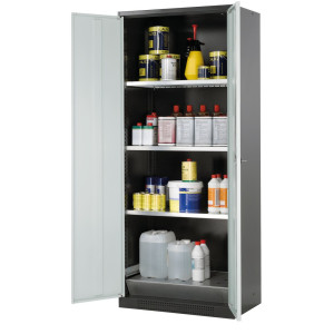 Szafa na chemikalia asecos® CS-CLASSIC, z denną wanną ociekową z blachą dziurkowaną i 3 półkami, wys. x szer. x gł. 1950 x 810 x 520 mm, kolor jasnoszary