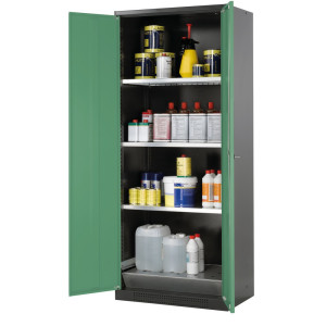 Szafa na chemikalia asecos® CS-CLASSIC, z denną wanną ociekową z blachą dziurkowaną i 3 półkami, wys. x szer. x gł. 1950 x 810 x 520 mm, kolor seledynowozielony