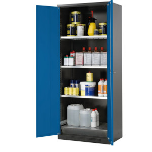 Szafa na chemikalia asecos® CS-CLASSIC, z denną wanną ociekową z blachą dziurkowaną i 3 półkami, wys. x szer. x gł. 1950 x 810 x 520 mm, kolor gencjanowy niebieski