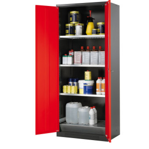 Szafa na chemikalia asecos® CS-CLASSIC, z denną wanną ociekową z blachą dziurkowaną i 3 półkami, wys. x szer. x gł. 1950 x 810 x 520 mm, kolor czerwony