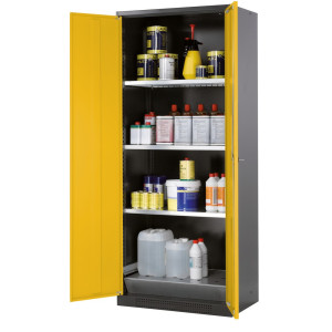 Szafa na chemikalia asecos® CS-CLASSIC, z denną wanną ociekową z blachy dziurkowanej i 3 półkami, wys. x szer. x gł. 1950 x 810 x 520 mm, kolor żółtozłoty