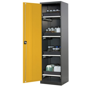 Szafa na chemikalia asecos® CS-CLASSIC, z 4 wysuwanymi półkami i wanienką PP, wys. x szer. x gł. 1950 x 545 x 520 mm, kolor żółtozłoty