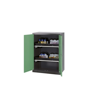 Szafa na chemikalia asecos® CS-CLASSIC, z 2 wysuwanymi półkami i wanną PP, wys. x szer. x gł. 1105 x 810 x 520 mm, kolor seledynowozielony