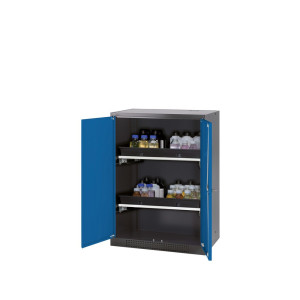 Szafa na chemikalia asecos® CS-CLASSIC, z 2 wysuwanymi półkami i wanną PP, wys. x szer. x gł. 1105 x 810 x 520 mm, kolor gencjanowy niebieski
