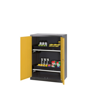 Szafa na chemikalia asecos® CS-CLASSIC, z 2 wysuwanymi półkami i wanienką PP, wys. x szer. x gł. 1105 x 810 x 520 mm, kolor żółtozłoty