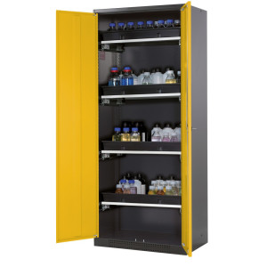 Szafa na chemikalia asecos® CS-CLASSIC, z 4 wysuwanymi półkami i wanienką PP, wys. x szer. x gł. 1950 x 810 x 520 mm, kolor żółtozłoty